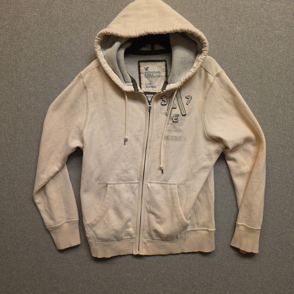 American Eagle Mens L Cream Graphic Full Zip Hoodie Waffle Lined Y2K Retro